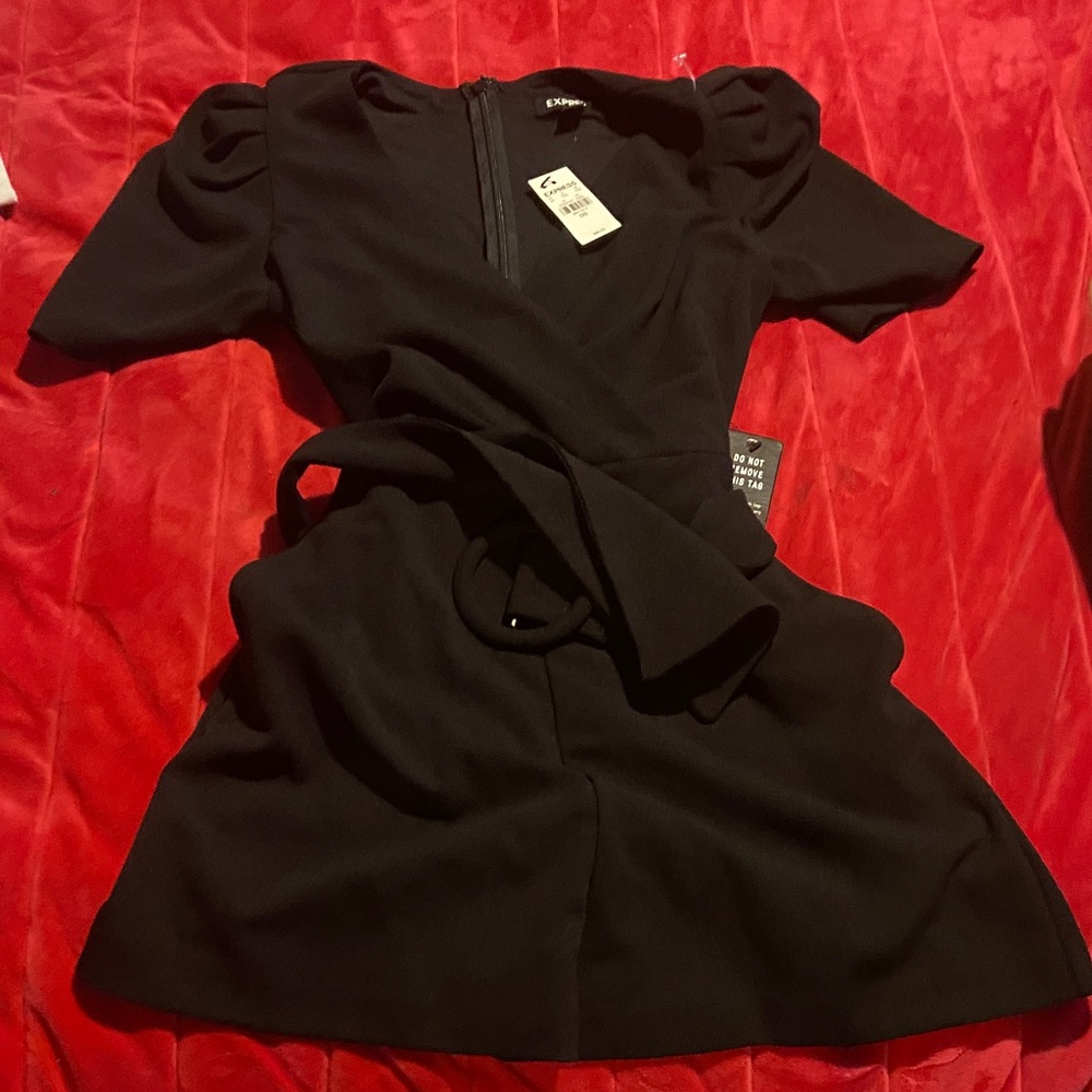 Express Black Short-Sleeve Jumpsuit with Belt Accent